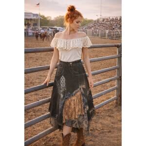 Vintage Esther Embellished Asymmetrical Denim Skirt Womens Small Studded Raw Hem